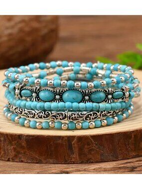 Boho-Chic Bracelet Set Vintage-Inspired Imitation Turquoise Beads Stackable 5pcs